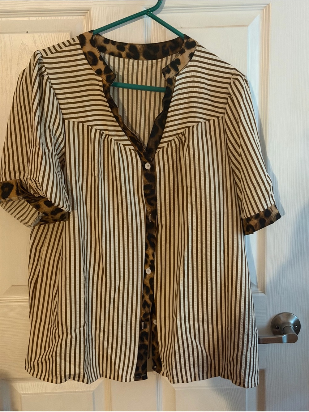 Leopard Trim Stripe Button-Front Women’s Top - Black & Cream